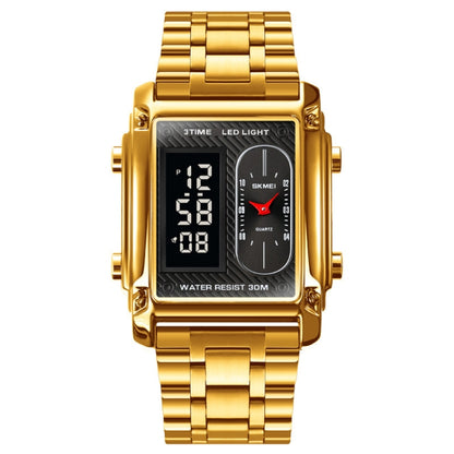 SKMEI 1868 Square Double Display Waterproof Men Watch, Style:, Steel Belt (Black), Leather Belt (Black), Steel Belt (Rose Gold), Leather Belt (Rose Gold), Steel Belt (Gold), Leather Belt (Gold), Steel Belt (Silver), Leather Belt (Silver)