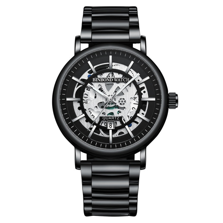 BINBOND B7872 Multifunctional Hollow Luminous Waterproof Quartz Watch, Black Steel-Black-White, White Steel-Black-White, Full-gold-Black-Gold, Black Leather-Black-Black, Black Leather-White-Black, Black Leather-Full-gold-Black