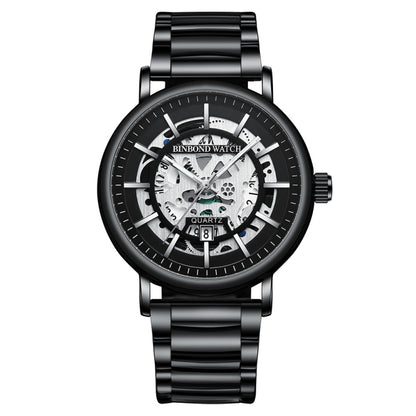 BINBOND B7872 Multifunctional Hollow Luminous Waterproof Quartz Watch, Black Steel-Black-White, White Steel-Black-White, Full-gold-Black-Gold, Black Leather-Black-Black, Black Leather-White-Black, Black Leather-Full-gold-Black