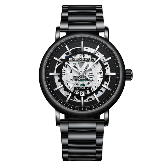 BINBOND B7872 Multifunctional Hollow Luminous Waterproof Quartz Watch, Black Steel-Black-White, White Steel-Black-White, Full-gold-Black-Gold, Black Leather-Black-Black, Black Leather-White-Black, Black Leather-Full-gold-Black