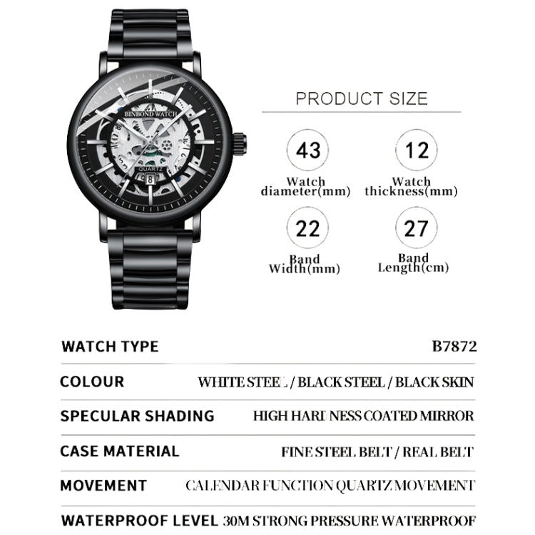 BINBOND B7872 Multifunctional Hollow Luminous Waterproof Quartz Watch, Black Steel-Black-White, White Steel-Black-White, Full-gold-Black-Gold, Black Leather-Black-Black, Black Leather-White-Black, Black Leather-Full-gold-Black