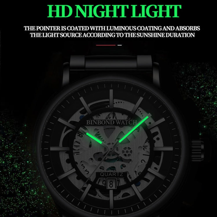 BINBOND B7872 Multifunctional Hollow Luminous Waterproof Quartz Watch, Black Steel-Black-White, White Steel-Black-White, Full-gold-Black-Gold, Black Leather-Black-Black, Black Leather-White-Black, Black Leather-Full-gold-Black