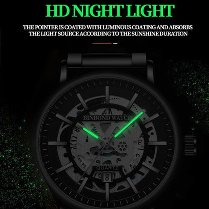 BINBOND B7872 Multifunctional Hollow Luminous Waterproof Quartz Watch, Black Steel-Black-White, White Steel-Black-White, Full-gold-Black-Gold, Black Leather-Black-Black, Black Leather-White-Black, Black Leather-Full-gold-Black