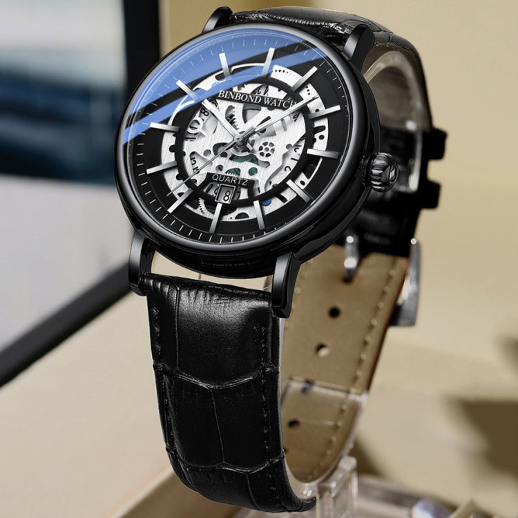 BINBOND B7872 Multifunctional Hollow Luminous Waterproof Quartz Watch, Black Steel-Black-White, White Steel-Black-White, Full-gold-Black-Gold, Black Leather-Black-Black, Black Leather-White-Black, Black Leather-Full-gold-Black