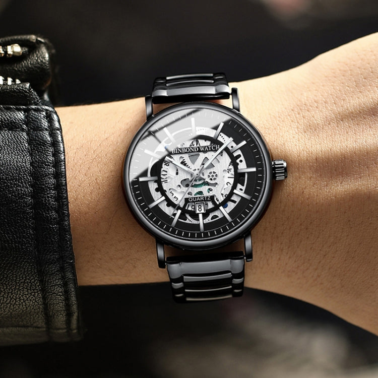 BINBOND B7872 Multifunctional Hollow Luminous Waterproof Quartz Watch, Black Steel-Black-White, White Steel-Black-White, Full-gold-Black-Gold, Black Leather-Black-Black, Black Leather-White-Black, Black Leather-Full-gold-Black