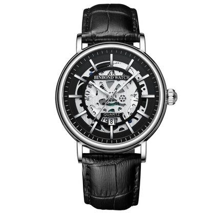 BINBOND B7872 Multifunctional Hollow Luminous Waterproof Quartz Watch, Black Steel-Black-White, White Steel-Black-White, Full-gold-Black-Gold, Black Leather-Black-Black, Black Leather-White-Black, Black Leather-Full-gold-Black