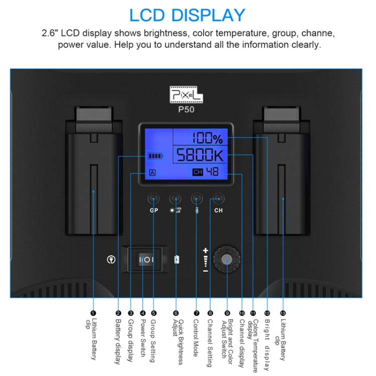 Pixel P50 Dual Color Temperature Flat Panel Fill Light 45W Soft Outdoor Shooting Fill Light For Straight Photography