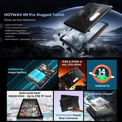 Tableta resistente HOTWAV Tab R9 Pro IP68/IP69K, 6 GB + 256 GB, 11 pulgadas, Android 14 Unisoc T606 Octa Core, red 4G, versión global con Google Play, enchufe de la UE