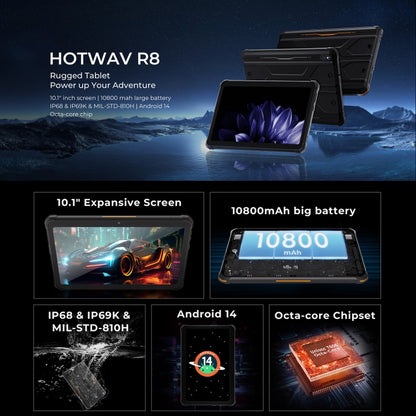 Tableta resistente HOTWAV Tab R8 IP68/IP69K, 4 GB + 128 GB, 10,1 pulgadas, Android 14 Unisoc T606 Octa Core, red 4G, versión global con Google Play, enchufe de la UE